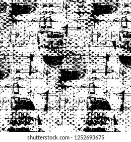 Abstract black and white vector background. Monochrome vintage surface with dirty pattern in cracks, spots, dots. Old painted wall in dark horror style design. Grunge overlay layer.