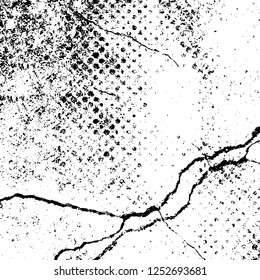 Abstract black and white vector background. Monochrome vintage surface with dirty pattern in cracks, spots, dots. Old painted wall in dark horror style design. Grunge overlay layer.