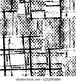 Abstract black and white vector background. Monochrome vintage surface with dirty pattern in cracks, spots, dots. Old painted wall in dark horror style design. Grunge overlay layer.