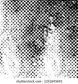 Abstract black and white vector background. Monochrome vintage surface with dirty pattern in cracks, spots, dots. Old painted wall in dark horror style design. Grunge overlay layer.