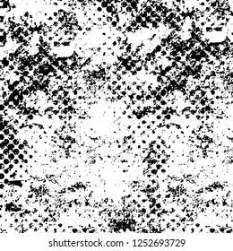 Abstract black and white vector background. Monochrome vintage surface with dirty pattern in cracks, spots, dots. Old painted wall in dark horror style design. Grunge overlay layer.