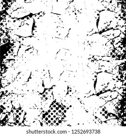Abstract black and white vector background. Monochrome vintage surface with dirty pattern in cracks, spots, dots. Old painted wall in dark horror style design. Grunge overlay layer.