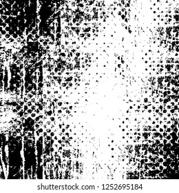 Abstract black and white vector background. Monochrome vintage surface with dirty pattern in cracks, spots, dots. Old painted wall in dark horror style design. Grunge overlay layer.