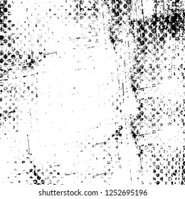Abstract black and white vector background. Monochrome vintage surface with dirty pattern in cracks, spots, dots. Old painted wall in dark horror style design. Grunge overlay layer.