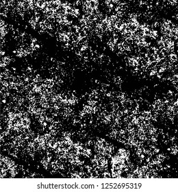 Abstract black and white vector background. Monochrome vintage surface with dirty pattern in cracks, spots, dots. Old painted wall in dark horror style design. Grunge overlay layer.