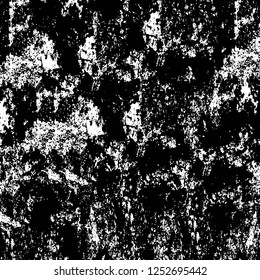 Abstract black and white vector background. Monochrome vintage surface with dirty pattern in cracks, spots, dots. Old painted wall in dark horror style design. Grunge overlay layer.