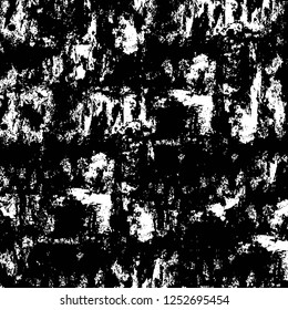 Abstract black and white vector background. Monochrome vintage surface with dirty pattern in cracks, spots, dots. Old painted wall in dark horror style design. Grunge overlay layer.