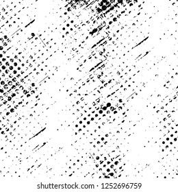 Abstract black and white vector background. Monochrome vintage surface with dirty pattern in cracks, spots, dots. Old painted wall in dark horror style design. Grunge overlay layer.