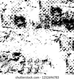 Abstract black and white vector background. Monochrome vintage surface with dirty pattern in cracks, spots, dots. Old painted wall in dark horror style design. Grunge overlay layer.