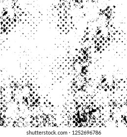 Abstract black and white vector background. Monochrome vintage surface with dirty pattern in cracks, spots, dots. Old painted wall in dark horror style design. Grunge overlay layer.