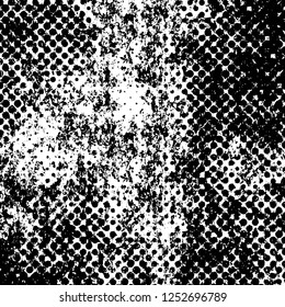 Abstract black and white vector background. Monochrome vintage surface with dirty pattern in cracks, spots, dots. Old painted wall in dark horror style design. Grunge overlay layer.
