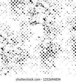Abstract black and white vector background. Monochrome vintage surface with dirty pattern in cracks, spots, dots. Old painted wall in dark horror style design. Grunge overlay layer.