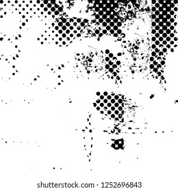Abstract black and white vector background. Monochrome vintage surface with dirty pattern in cracks, spots, dots. Old painted wall in dark horror style design. Grunge overlay layer.