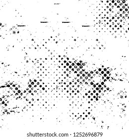 Abstract black and white vector background. Monochrome vintage surface with dirty pattern in cracks, spots, dots. Old painted wall in dark horror style design. Grunge overlay layer.