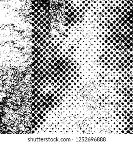 Abstract black and white vector background. Monochrome vintage surface with dirty pattern in cracks, spots, dots. Old painted wall in dark horror style design. Grunge overlay layer.