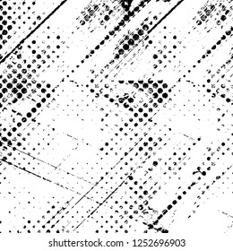 Abstract black and white vector background. Monochrome vintage surface with dirty pattern in cracks, spots, dots. Old painted wall in dark horror style design. Grunge overlay layer.