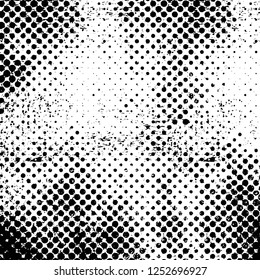 Abstract black and white vector background. Monochrome vintage surface with dirty pattern in cracks, spots, dots. Old painted wall in dark horror style design. Grunge overlay layer.