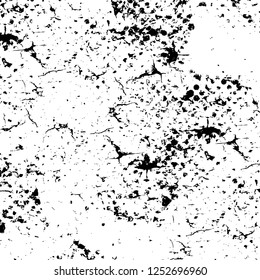 Abstract black and white vector background. Monochrome vintage surface with dirty pattern in cracks, spots, dots. Old painted wall in dark horror style design. Grunge overlay layer.
