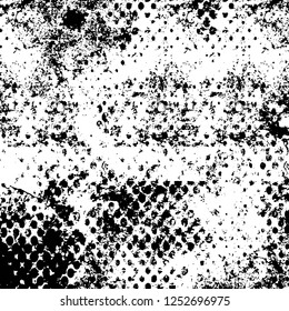 Abstract black and white vector background. Monochrome vintage surface with dirty pattern in cracks, spots, dots. Old painted wall in dark horror style design. Grunge overlay layer.