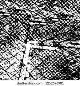 Abstract black and white vector background. Monochrome vintage surface with dirty pattern in cracks, spots, dots. Old painted wall in dark horror style design. Grunge overlay layer.