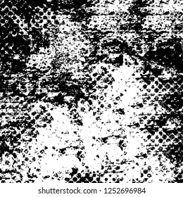 Abstract black and white vector background. Monochrome vintage surface with dirty pattern in cracks, spots, dots. Old painted wall in dark horror style design. Grunge overlay layer.