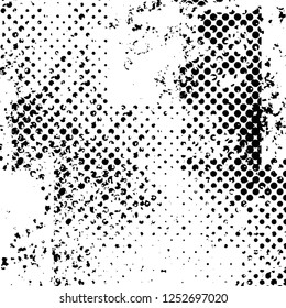 Abstract black and white vector background. Monochrome vintage surface with dirty pattern in cracks, spots, dots. Old painted wall in dark horror style design. Grunge overlay layer.