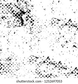 Abstract black and white vector background. Monochrome vintage surface with dirty pattern in cracks, spots, dots. Old painted wall in dark horror style design. Grunge overlay layer.