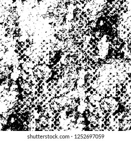 Abstract black and white vector background. Monochrome vintage surface with dirty pattern in cracks, spots, dots. Old painted wall in dark horror style design. Grunge overlay layer.