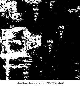 Abstract black and white vector background. Monochrome vintage surface with dirty pattern in cracks, spots, dots. Old painted wall in dark horror style design. Grunge overlay layer.
