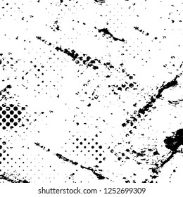 Abstract black and white vector background. Monochrome vintage surface with dirty pattern in cracks, spots, dots. Old painted wall in dark horror style design. Grunge overlay layer.