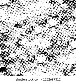 Abstract black and white vector background. Monochrome vintage surface with dirty pattern in cracks, spots, dots. Old painted wall in dark horror style design. Grunge overlay layer.