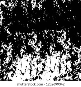Abstract black and white vector background. Monochrome vintage surface with dirty pattern in cracks, spots, dots. Old painted wall in dark horror style design. Grunge overlay layer.