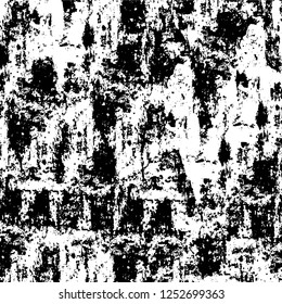 Abstract black and white vector background. Monochrome vintage surface with dirty pattern in cracks, spots, dots. Old painted wall in dark horror style design. Grunge overlay layer.