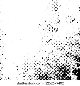 Abstract black and white vector background. Monochrome vintage surface with dirty pattern in cracks, spots, dots. Old painted wall in dark horror style design. Grunge overlay layer.
