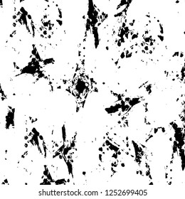 Abstract black and white vector background. Monochrome vintage surface with dirty pattern in cracks, spots, dots. Old painted wall in dark horror style design. Grunge overlay layer.