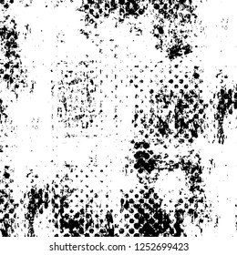 Abstract black and white vector background. Monochrome vintage surface with dirty pattern in cracks, spots, dots. Old painted wall in dark horror style design. Grunge overlay layer.