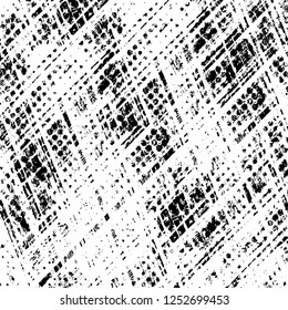 Abstract black and white vector background. Monochrome vintage surface with dirty pattern in cracks, spots, dots. Old painted wall in dark horror style design. Grunge overlay layer.