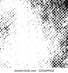 Abstract black and white vector background. Monochrome vintage surface with dirty pattern in cracks, spots, dots. Old painted wall in dark horror style design. Grunge overlay layer.