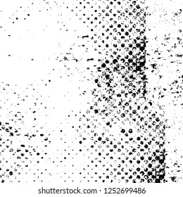 Abstract black and white vector background. Monochrome vintage surface with dirty pattern in cracks, spots, dots. Old painted wall in dark horror style design. Grunge overlay layer.