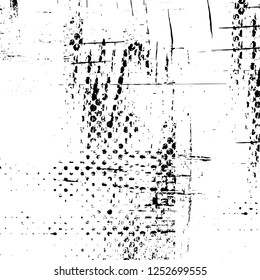 Abstract black and white vector background. Monochrome vintage surface with dirty pattern in cracks, spots, dots. Old painted wall in dark horror style design. Grunge overlay layer.
