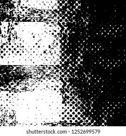 Abstract black and white vector background. Monochrome vintage surface with dirty pattern in cracks, spots, dots. Old painted wall in dark horror style design. Grunge overlay layer.