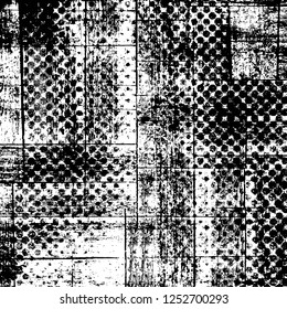 Abstract black and white vector background. Monochrome vintage surface with dirty pattern in cracks, spots, dots. Old painted wall in dark horror style design. Grunge overlay layer.