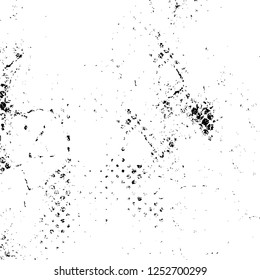 Abstract black and white vector background. Monochrome vintage surface with dirty pattern in cracks, spots, dots. Old painted wall in dark horror style design. Grunge overlay layer.