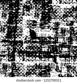 Abstract black and white vector background. Monochrome vintage surface with dirty pattern in cracks, spots, dots. Old painted wall in dark horror style design. Grunge overlay layer.