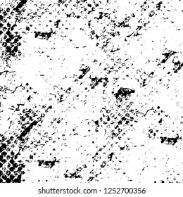 Abstract black and white vector background. Monochrome vintage surface with dirty pattern in cracks, spots, dots. Old painted wall in dark horror style design. Grunge overlay layer.