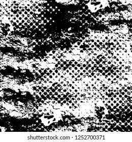 Abstract black and white vector background. Monochrome vintage surface with dirty pattern in cracks, spots, dots. Old painted wall in dark horror style design. Grunge overlay layer.