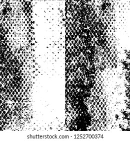 Abstract black and white vector background. Monochrome vintage surface with dirty pattern in cracks, spots, dots. Old painted wall in dark horror style design. Grunge overlay layer.