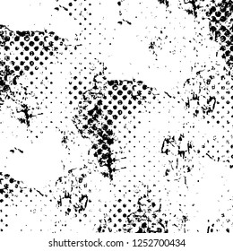 Abstract black and white vector background. Monochrome vintage surface with dirty pattern in cracks, spots, dots. Old painted wall in dark horror style design. Grunge overlay layer.