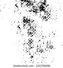 Abstract black and white vector background. Monochrome vintage surface with dirty pattern in cracks, spots, dots. Old painted wall in dark horror style design. Grunge overlay layer.