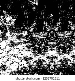 Abstract black and white vector background. Monochrome vintage surface with dirty pattern in cracks, spots, dots. Old painted wall in dark horror style design. Grunge overlay layer.
